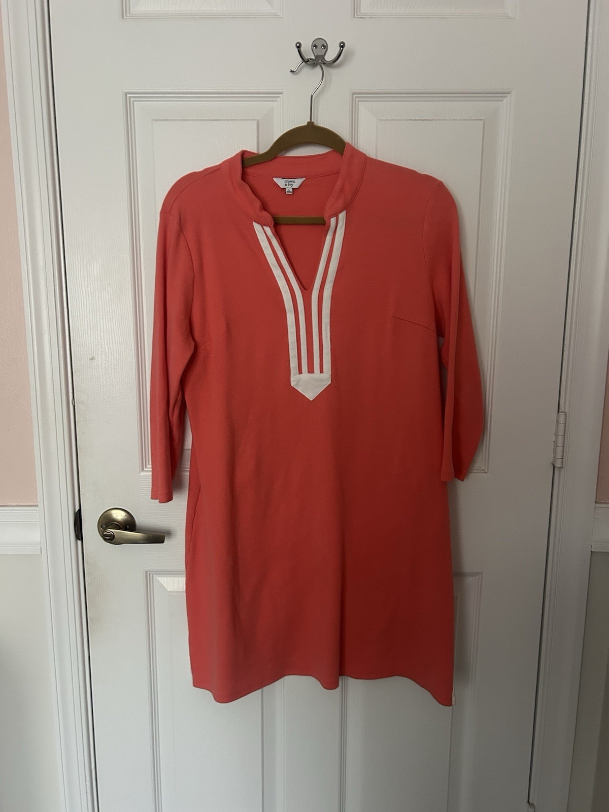 CROWN AND IVY NWT coral long sleeve mandarin collar tunic dress Large