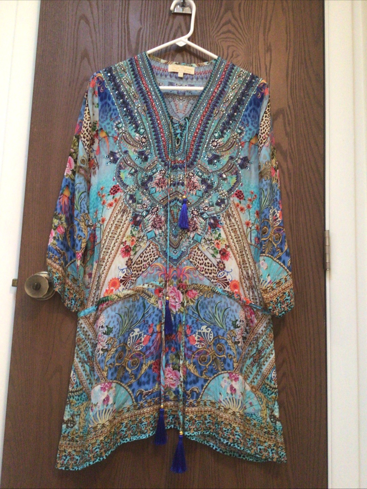 True Colours La Moda Clothing tunic dress 100% viscose beads tassels boho, sz M