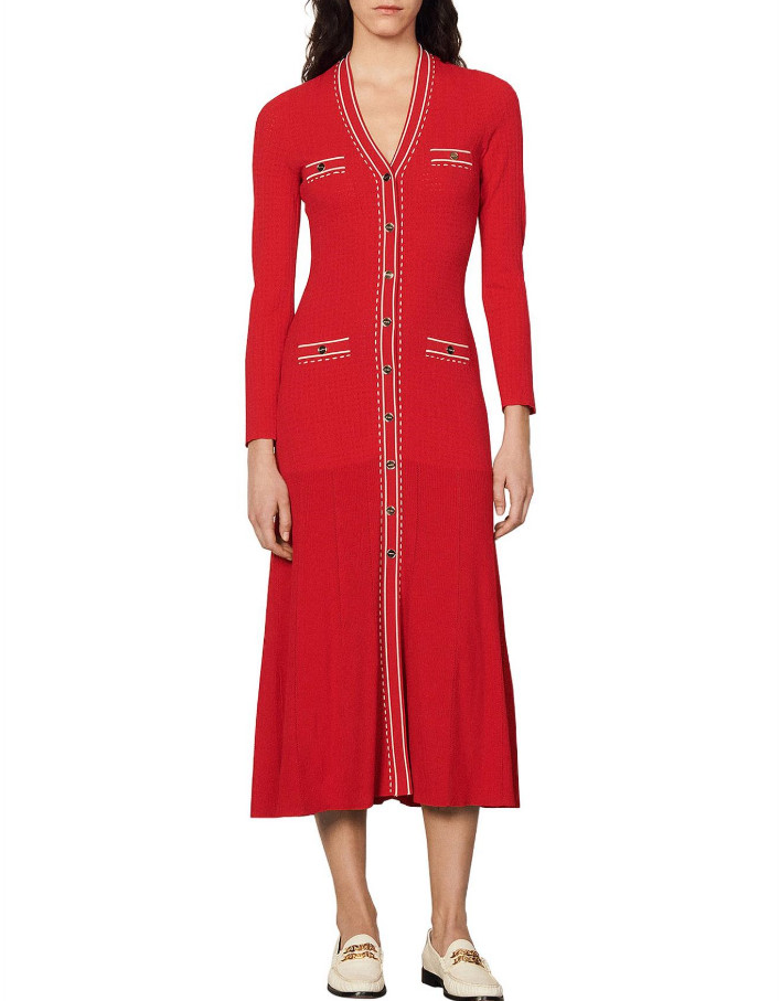 Sandro Women’s Dress Midi V-Neck Knit Red FR 36 / US 4 S SFPRO02176