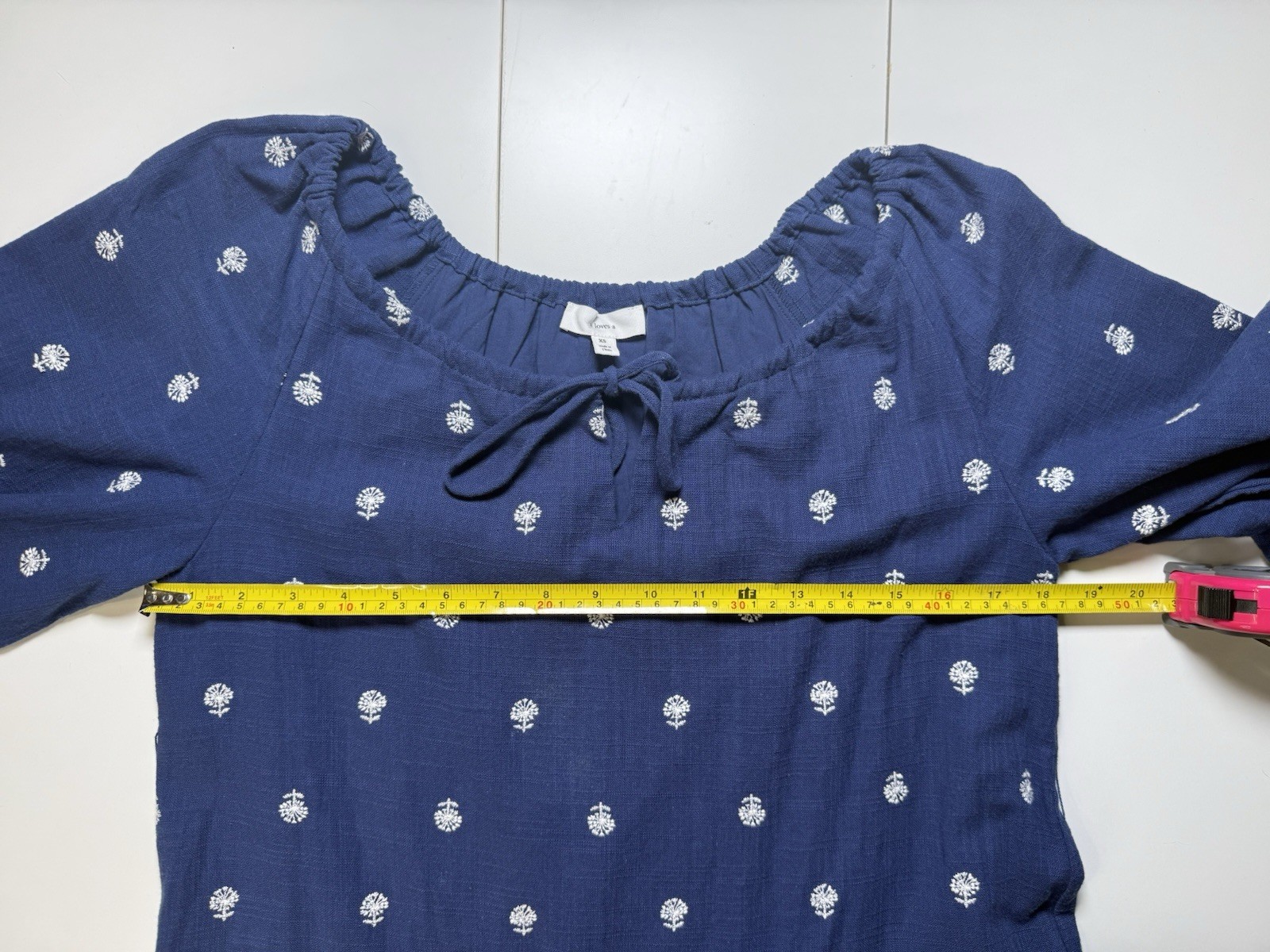 A Loves A XS Navy Blue Embroidered Cotton Peasant Dress Lined Pockets Boho puff