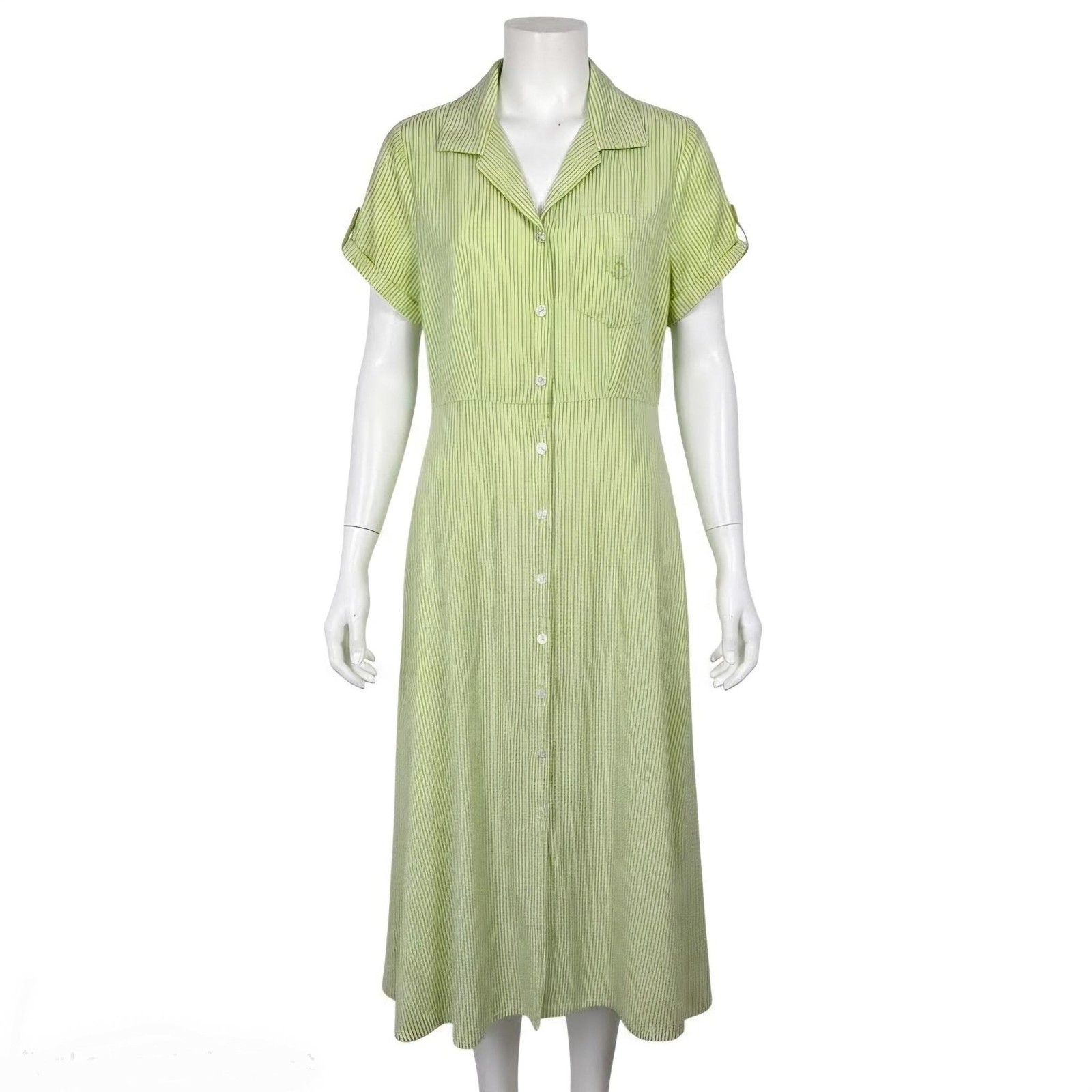 JG Hook Dress 8 Green Striped Seersucker Midi Button Up Nautical Coastal Cottage