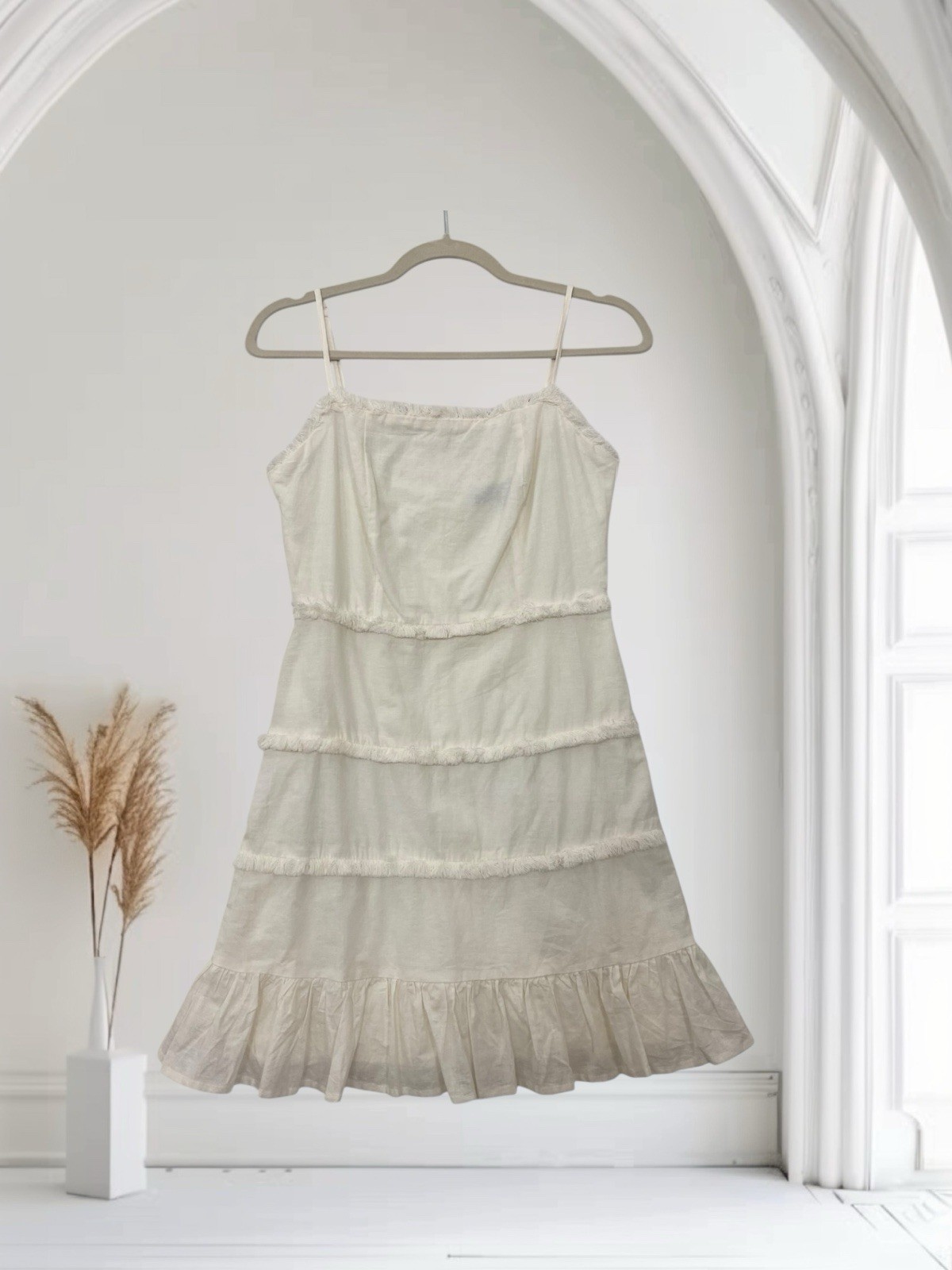 Womens Linen Blend Fringe Trim Mini Dress Size Small Boho Summer Resort Chic