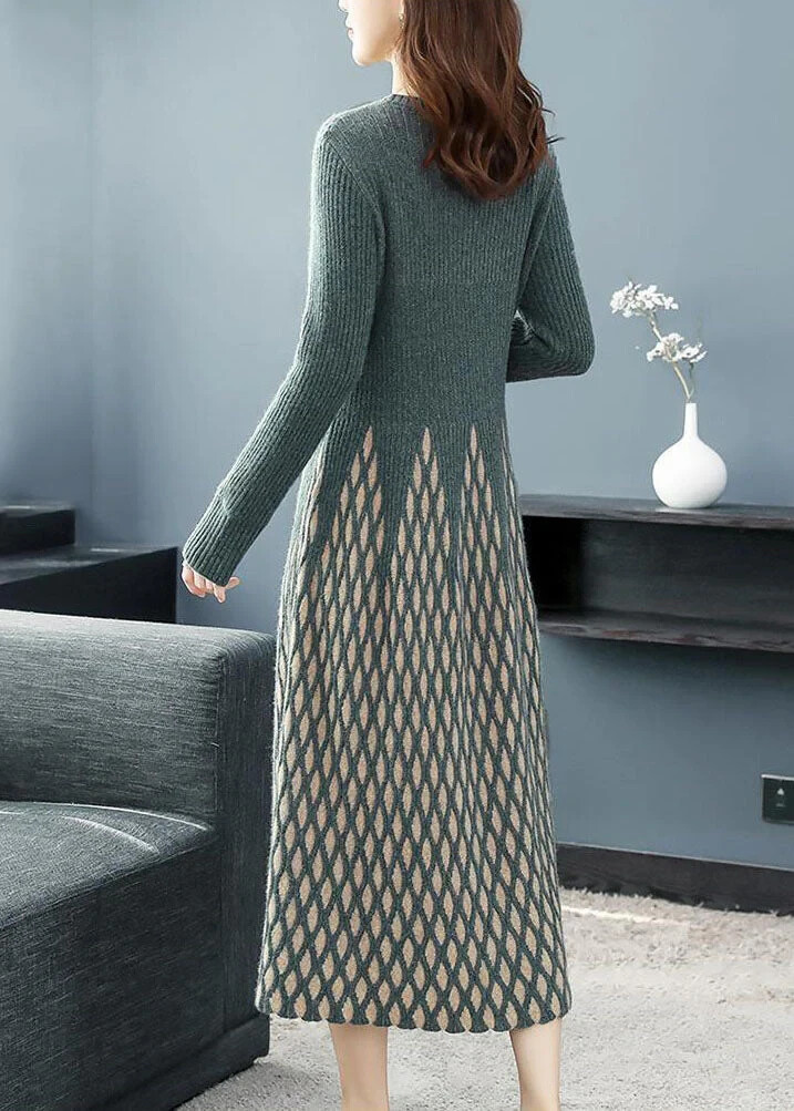Modern Blackish Green O-Neck Plaid Knitwear Dress Long Sleeve NWOT Size 10-12