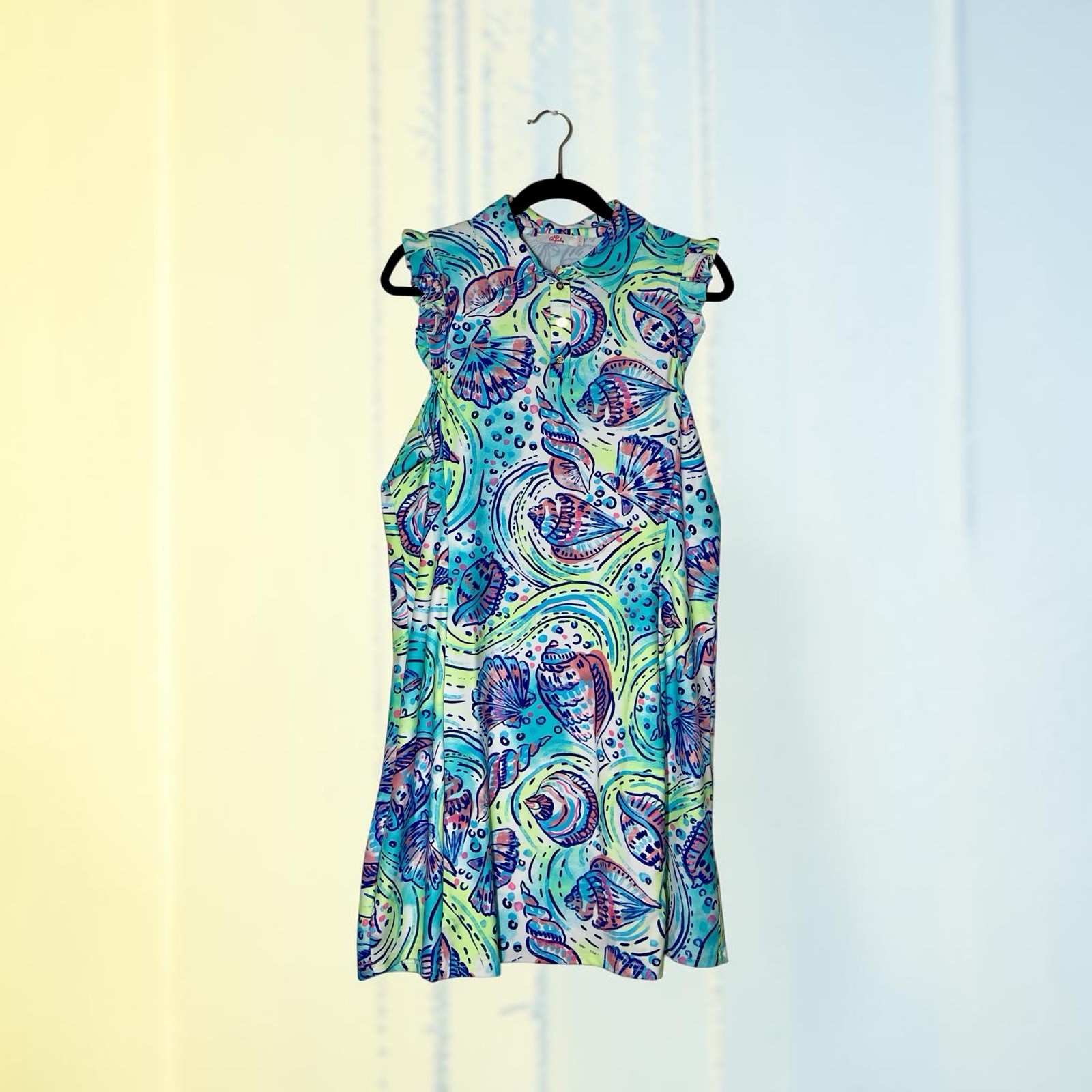 Aryeh Women’s Nautical Sea Shells Dress Sz Large Sleeveless Blue Green