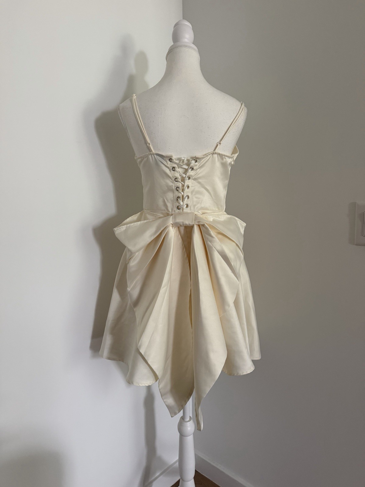 Ivory Solid Satin Mini Dress Square Neck Lace-Up Back Bow Straps Size M