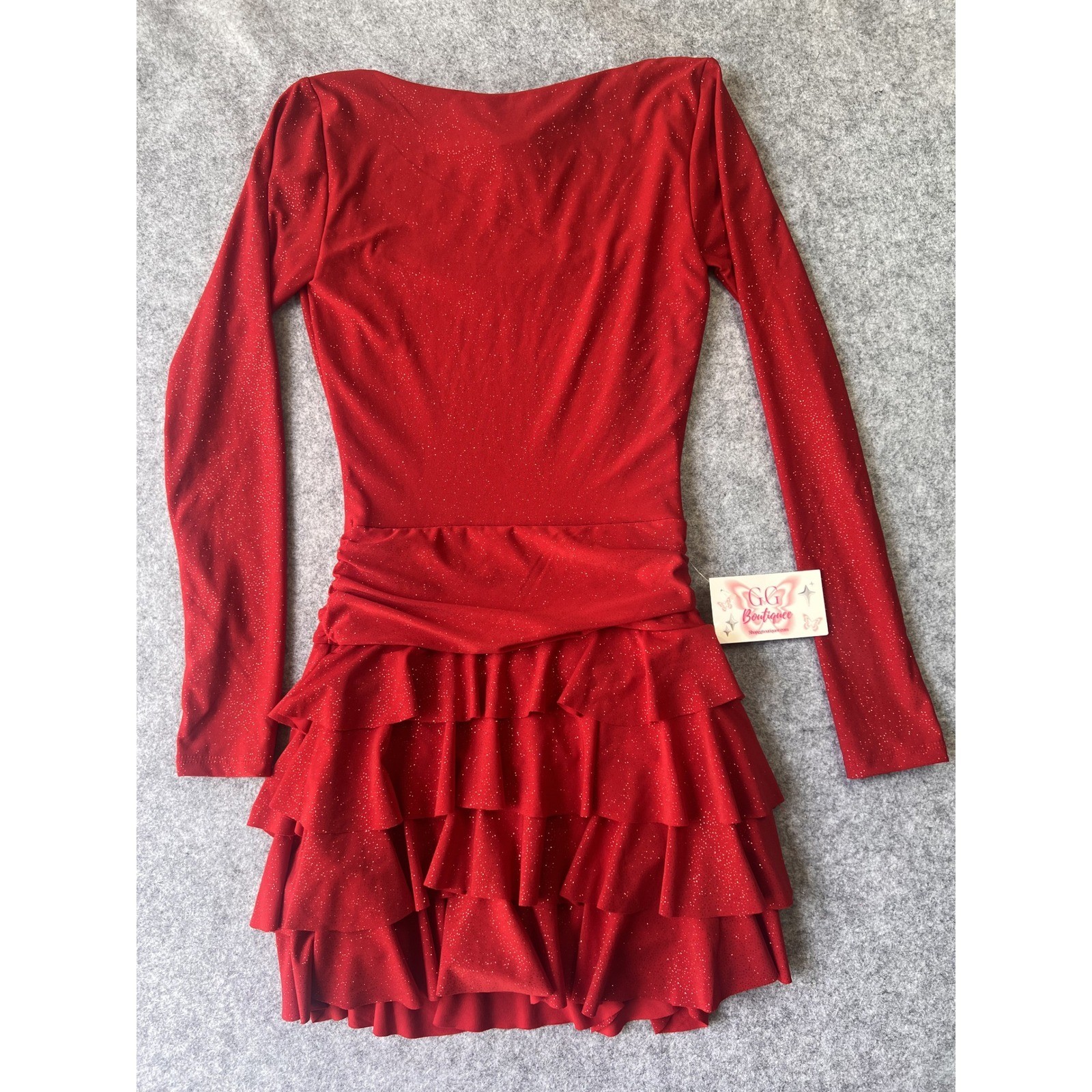 GG Boutique Tiered Ruffle Romper Dress XSmall Red Glitter Long Sleeve Skort