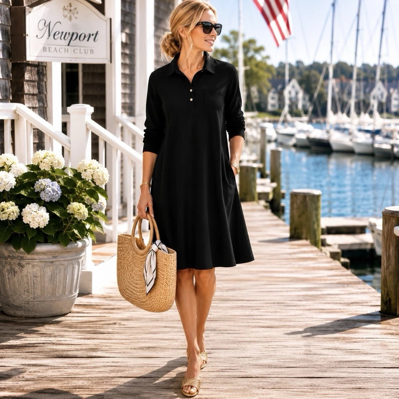 Tuckernuck Black Long-Sleeve Pique Polo Shirt Dress Pockets Size M NWT