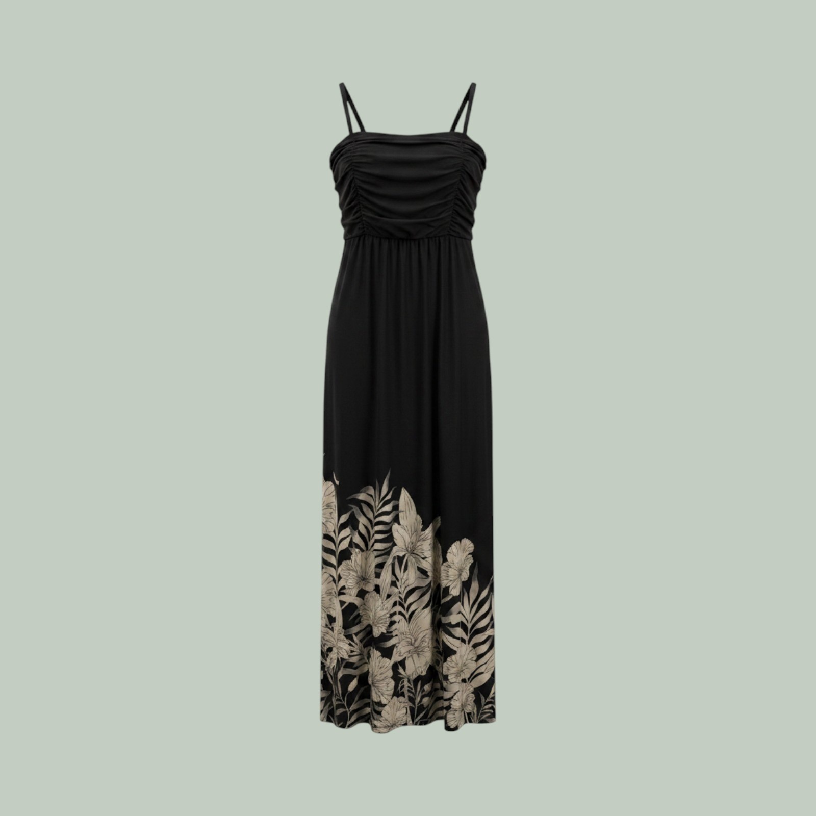 Soma Black Floral Ruched Maxi Dress Built-in Bra Pocket Strapless Strappy M Soft