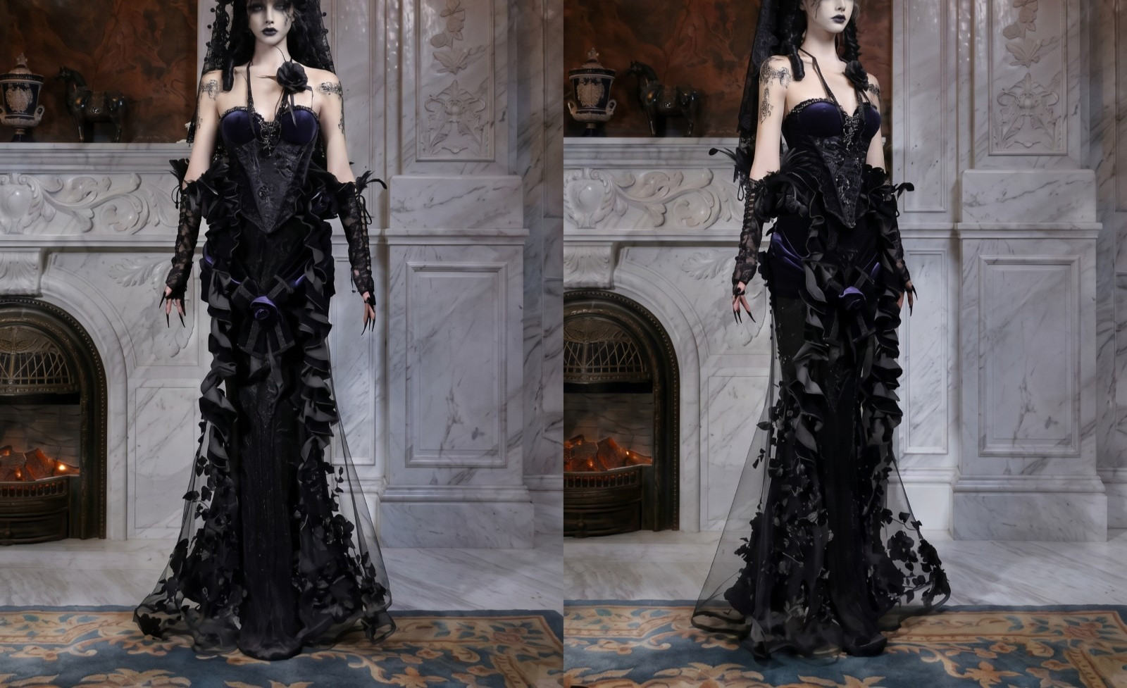 Mourning Day Gothic Beaded Embroidered Fishtail Maxi Dress