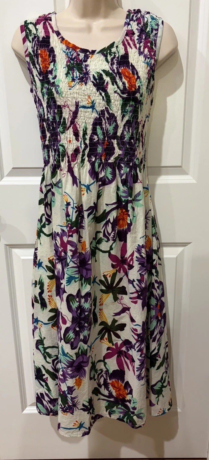 Metropolitan Puckered Dress Purple Floral LG Summer Fun 100% Cotton EUC Pocket