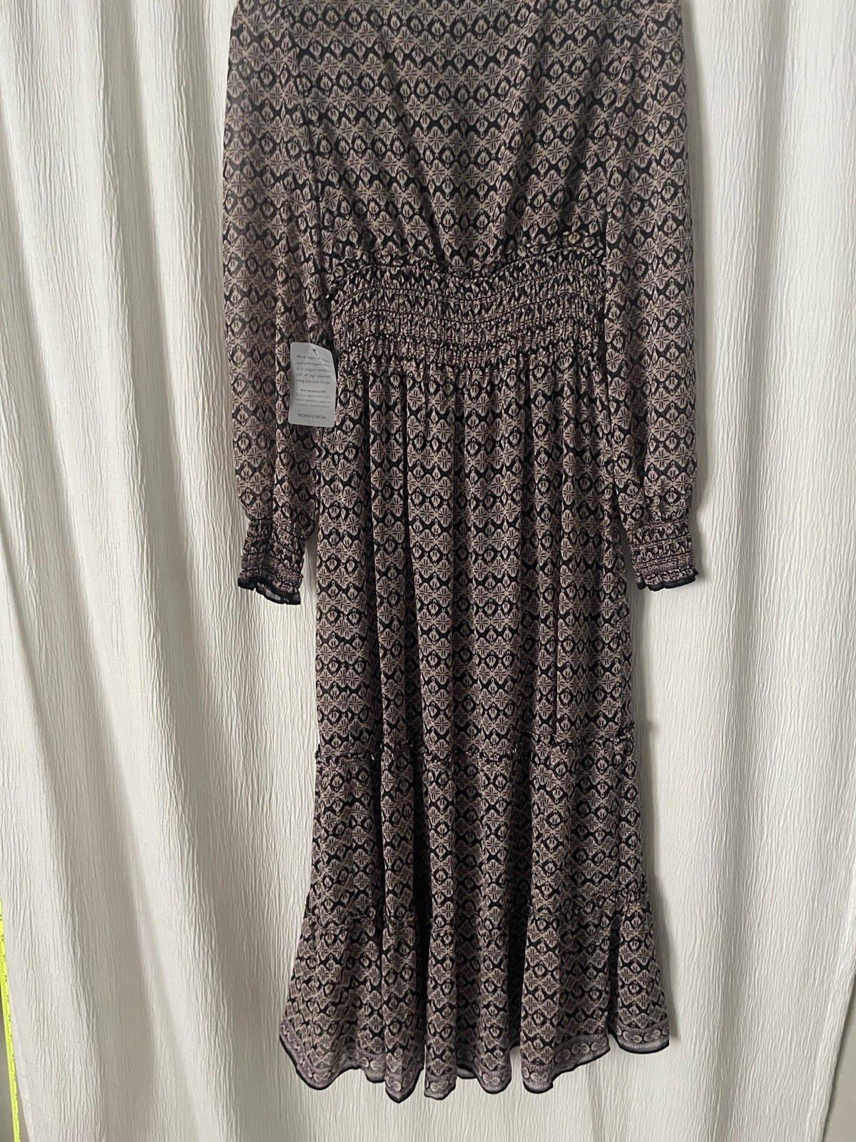 Nordstrom Women’s S Black Beige Geometric V-Neck Balloon Sleeve Chiffon Midi