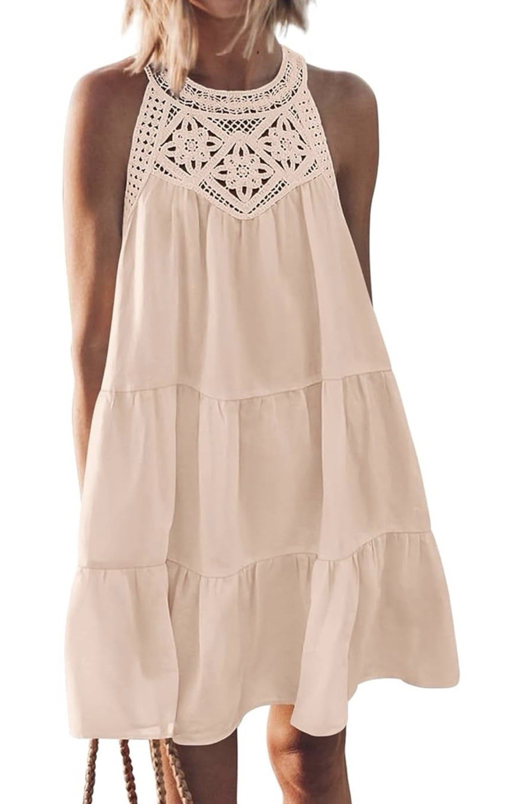 BTFBM Women’s White Solid Halter Lace Yoke Tiered A-Line Lined Knee Dress Sz L