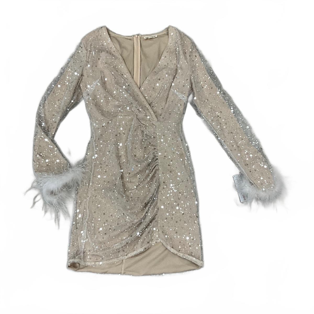 Champagne Sequin Pearl Wrap Front Cocktail Dress Feather Cuffs NWT