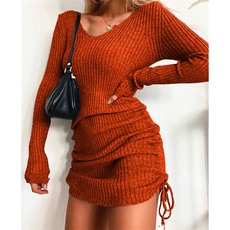 Women Sexy V-Neck Long Sleeve Mini Dress Drawstring Tight Bodycon Party Dress