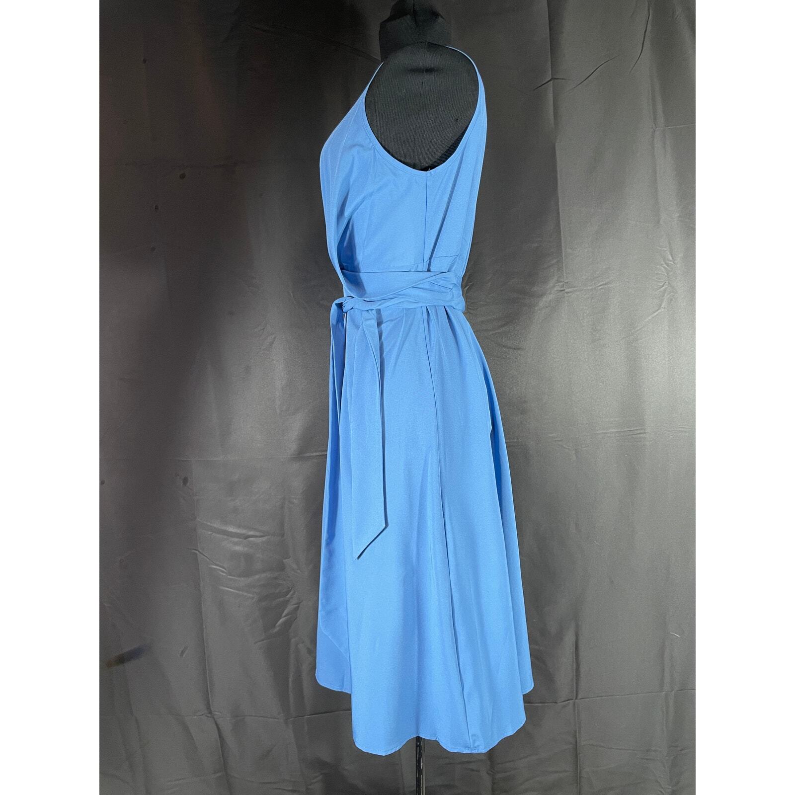 Blue sleeveless knee length dress, rayon fabric, natural drape, small
