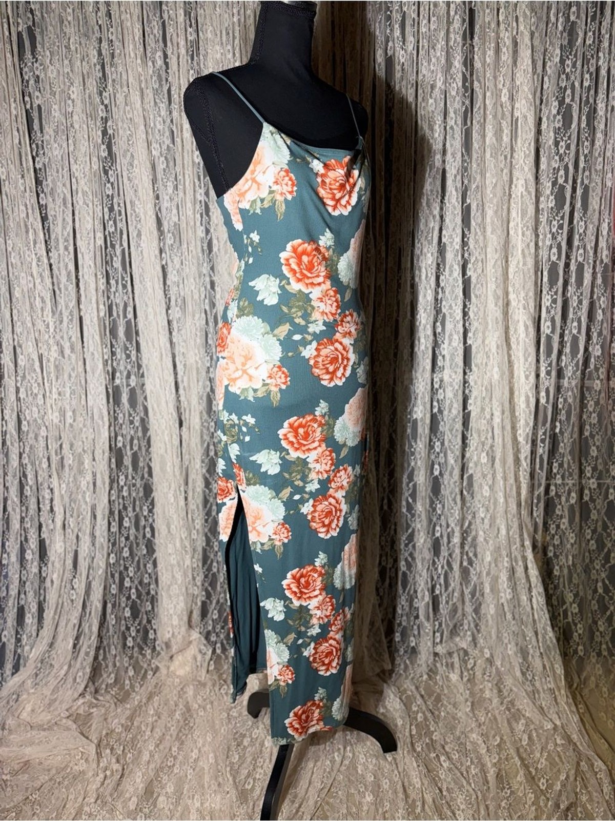 Floral Slip Maxi Dress — Teal with Coral Bloom
