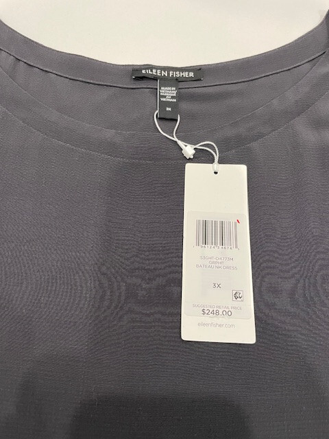 NWT! EILEEN FISHER $248 Size 3X ‘Graphite’ Gray Bateau Nk Dress Machine Wash!