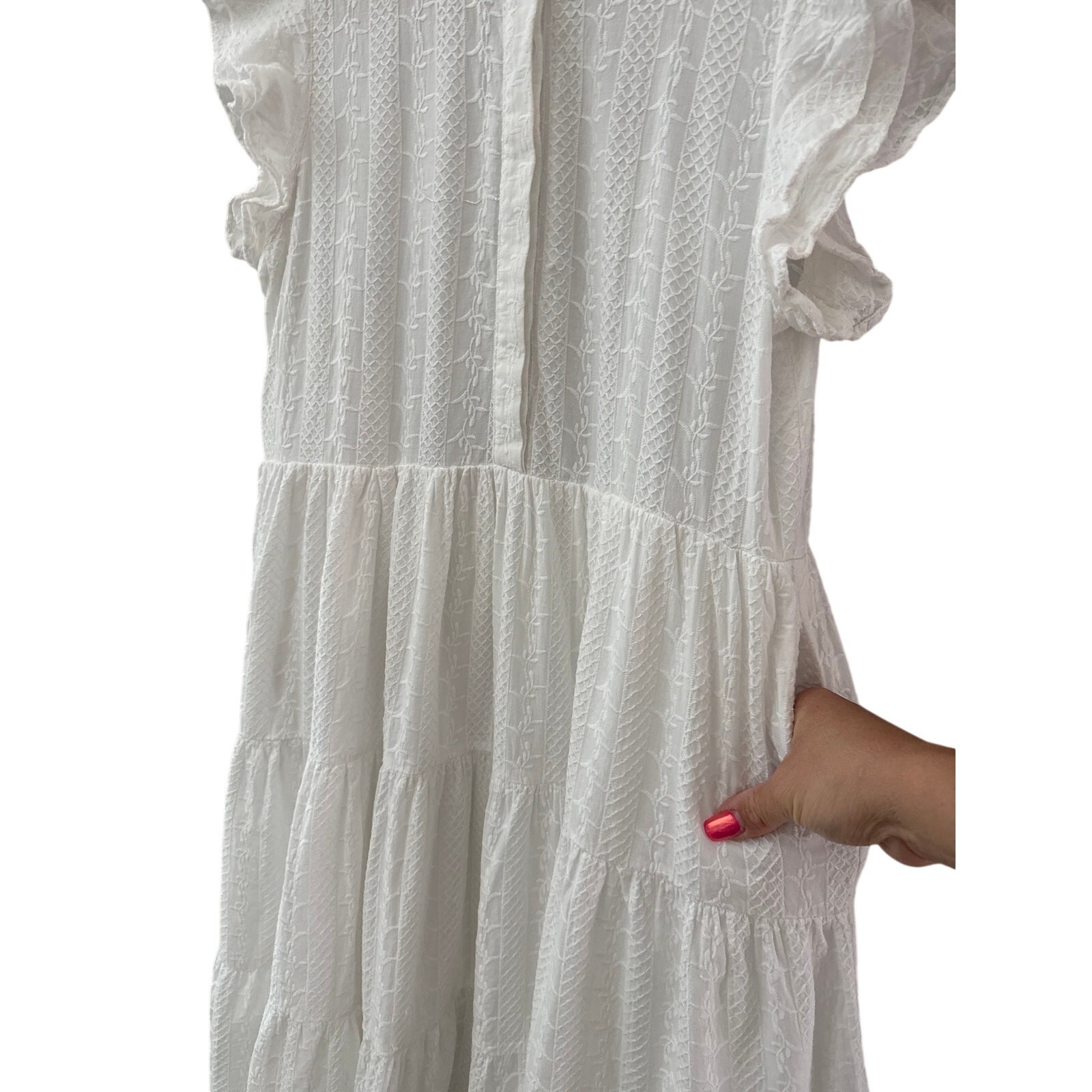 Olivaceous Embroidered Flutter Sleeve Midi Dress White Pockets Size Large