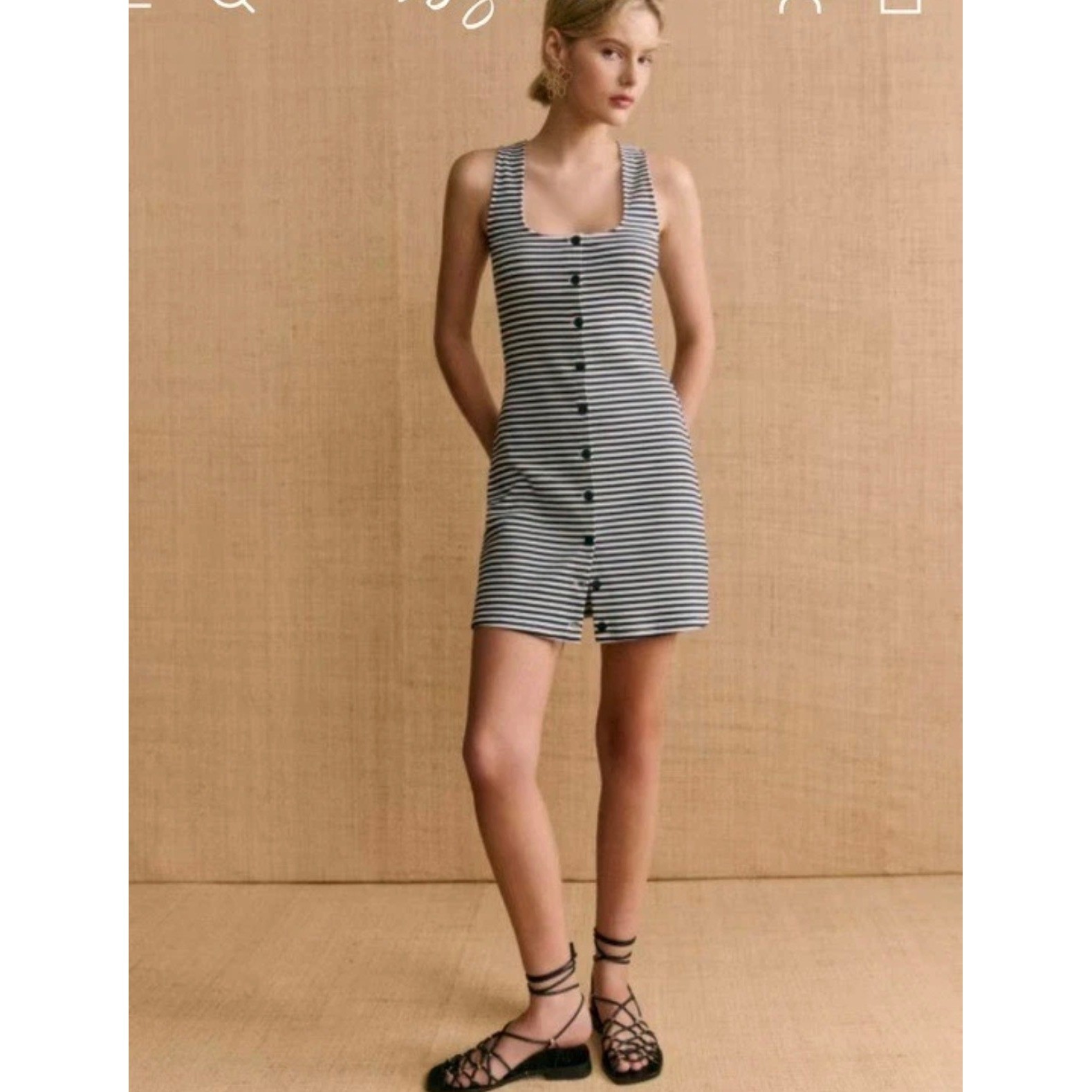 Sezane Fabiola Short Dress Striped Sailor Navy White Button Front Mini L