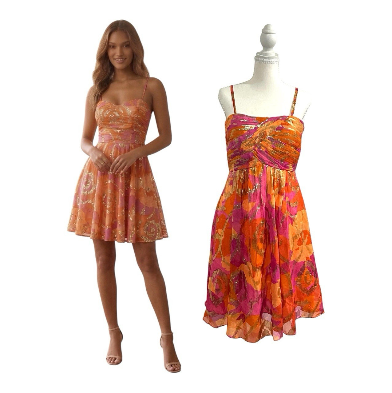 Vintage Oleg Cassini Silk Metallic Floral A-line Mini Dress Orange Pink Size 6