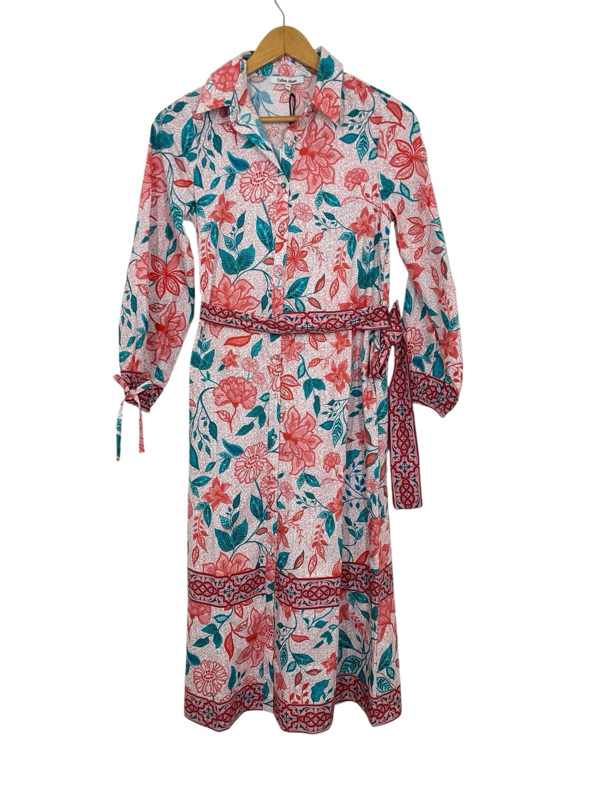 Celina Moon Womens BUtton Front Shirt Midi Dress Floral Red Green Size XS NWT