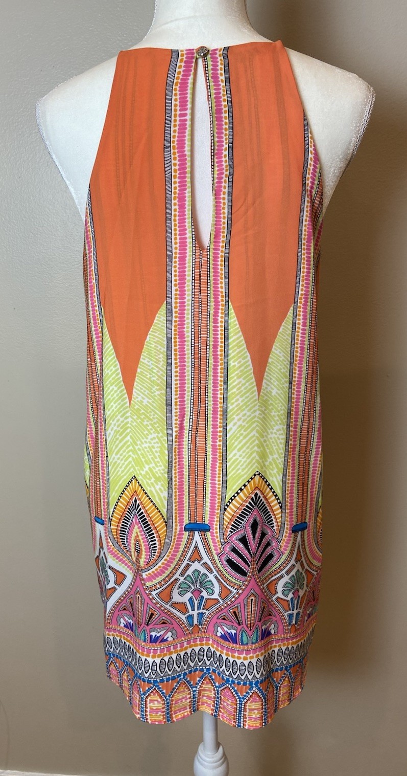 Womens M Tyche Orange/Green Halter Lightweight Boho Mini Dress 18.5″x33″