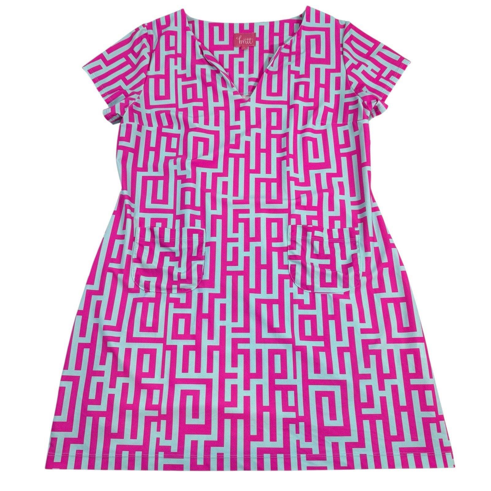 Britt by Britt Ryan Pink Blue Shift Dress Sz LG Nylon/Spandex V Neck Pockets