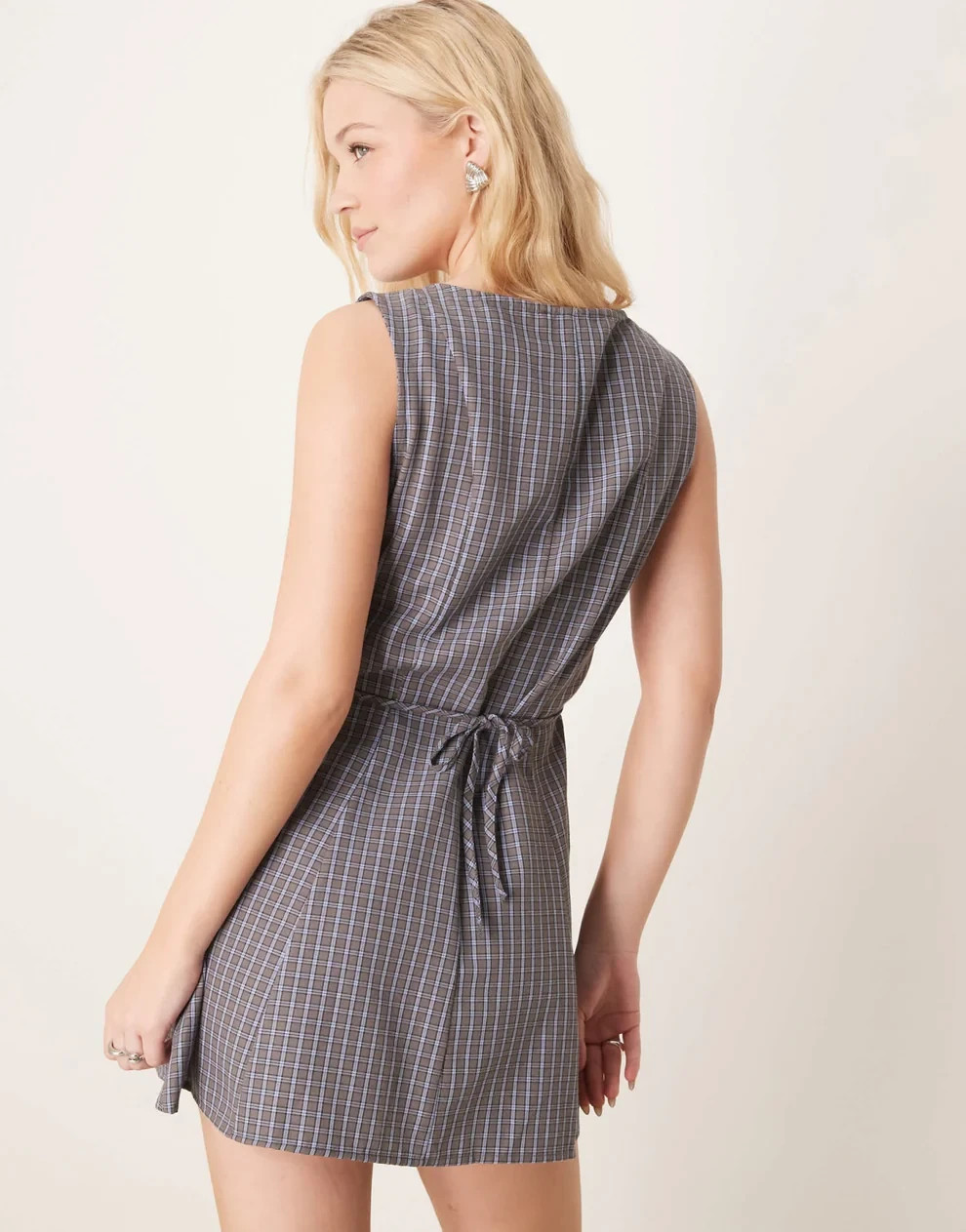 ASOS Blue Check Tie Back Cinch Waist Seam Detail Boat Neck Mini Dress 14