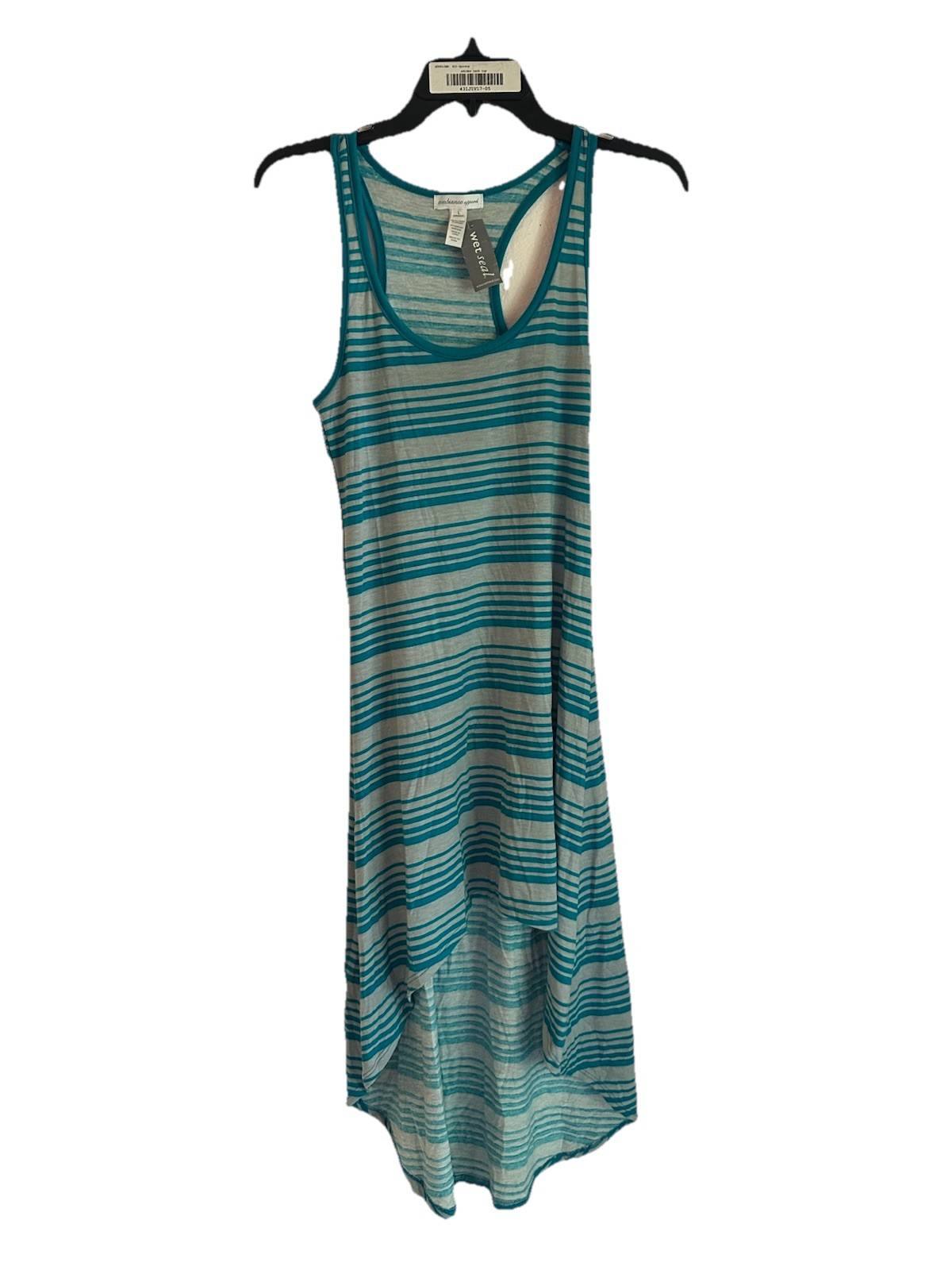 Ambiance Apparel Striped High Low Tank Dress Large Teal Gray Racerback NWT