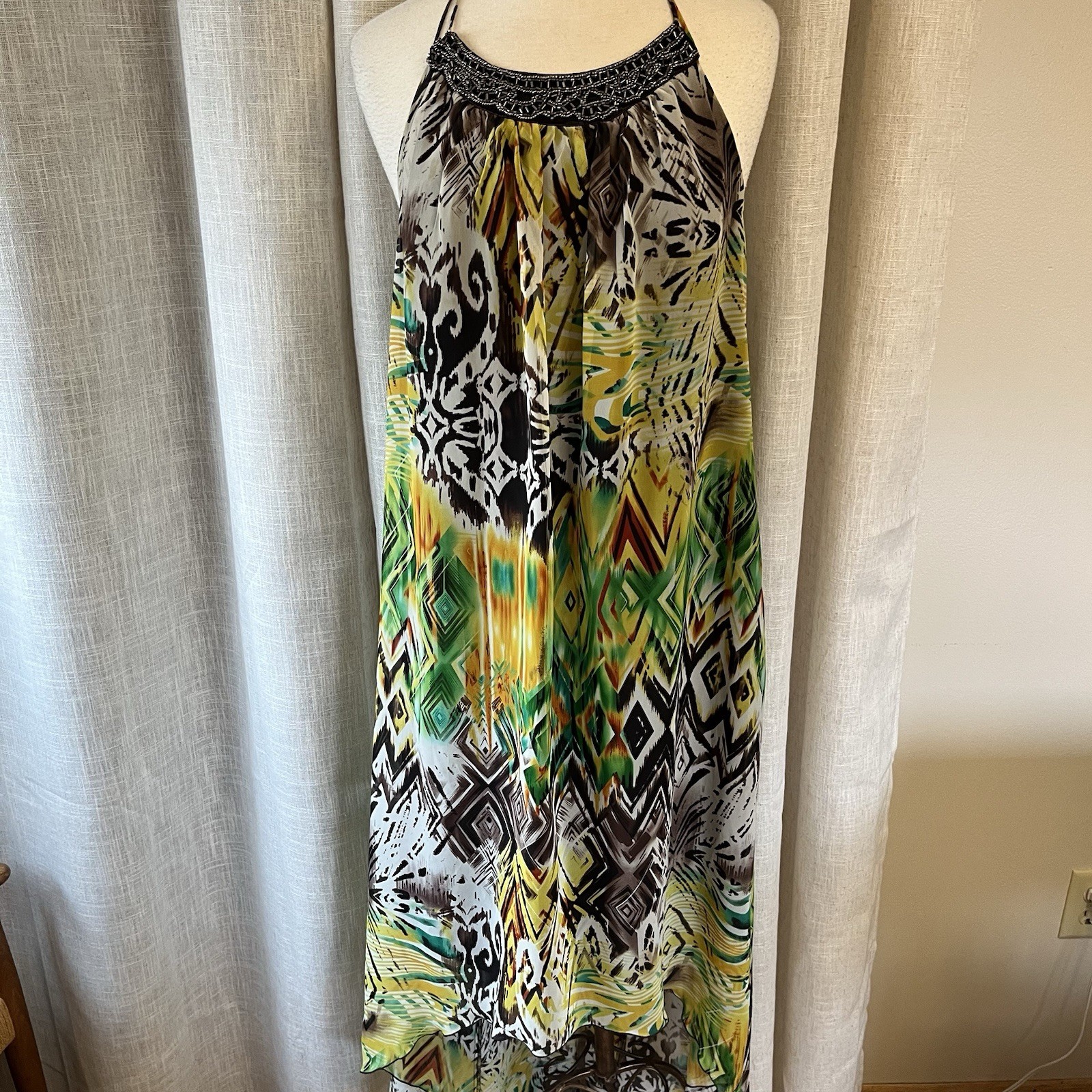 ALLEN B Allen Schwartz Chiffon Print Hi-Low Fishtail Hem Beaded Halter Dress 12