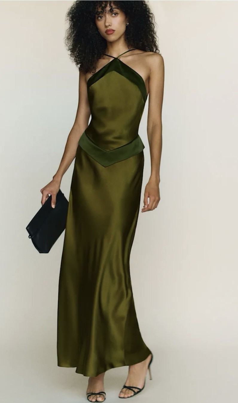 REFORMATION Jillian Silk Green Maxi Dress Pear 4 EUC