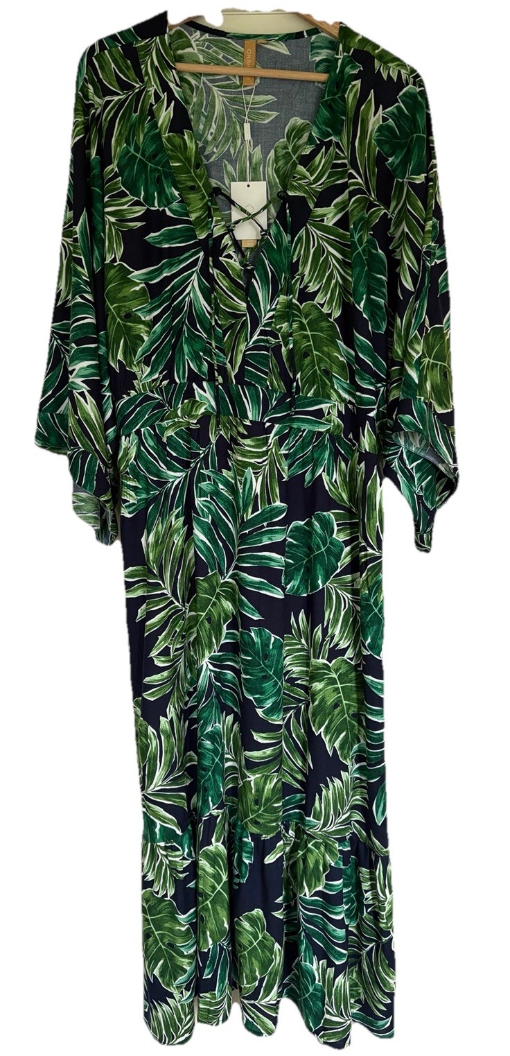 Onshore Tropical Maxi Dress One Sz Palm Leaf Navy/Green 3/4 Slv Cruise Flowy NWT