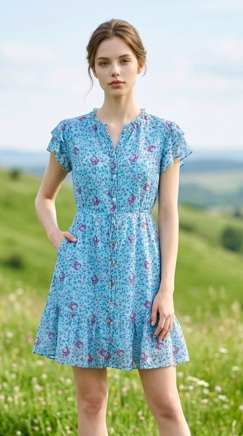 Banjanan Dress Floral Cotton Pull String Waist Neck Ruffles Peasant Western S