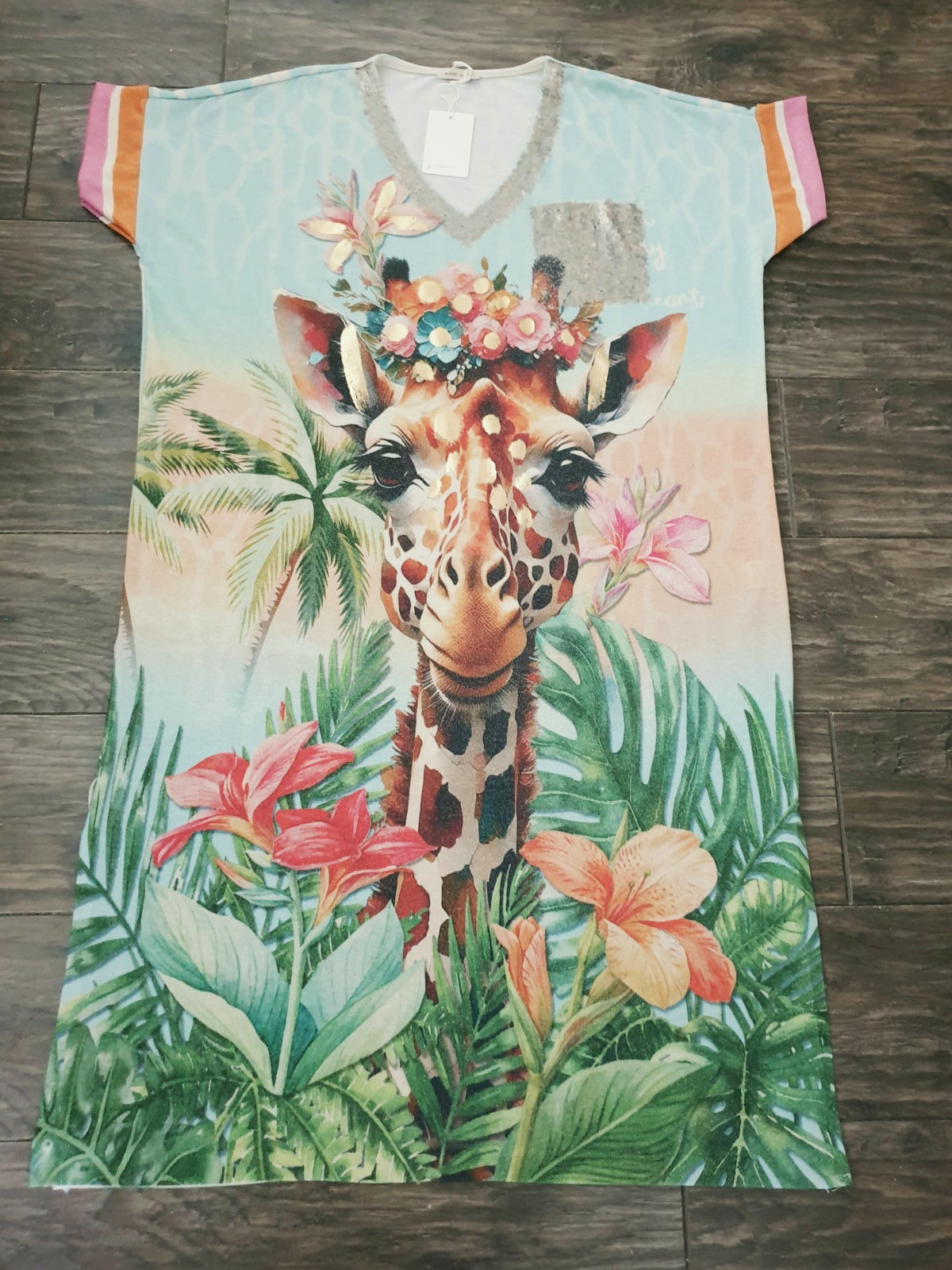 Tropical Floral Giraffe Portrait Print Luxe Knit Metallic Kaftan Maxi Dress