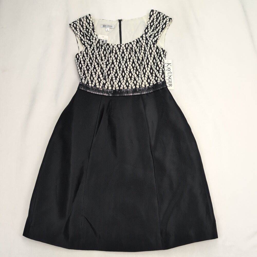 Kay Unger Black & Ivory A-Line Cocktail Dress Size 6 Beaded Waist