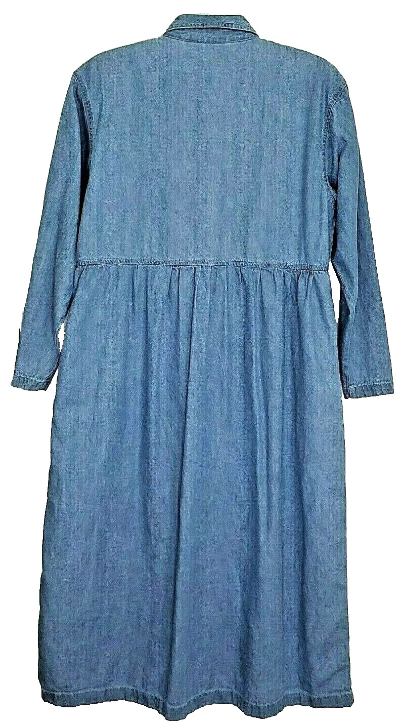 Dress Chambray Denim Embroidered Blue Drop Waist Modest Capacity Petites Large