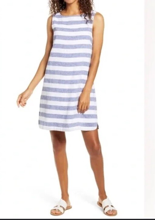 Beach Lunch Lounge Shift Tunic Dress Striped Coastal Cottage Boho Linen Blend