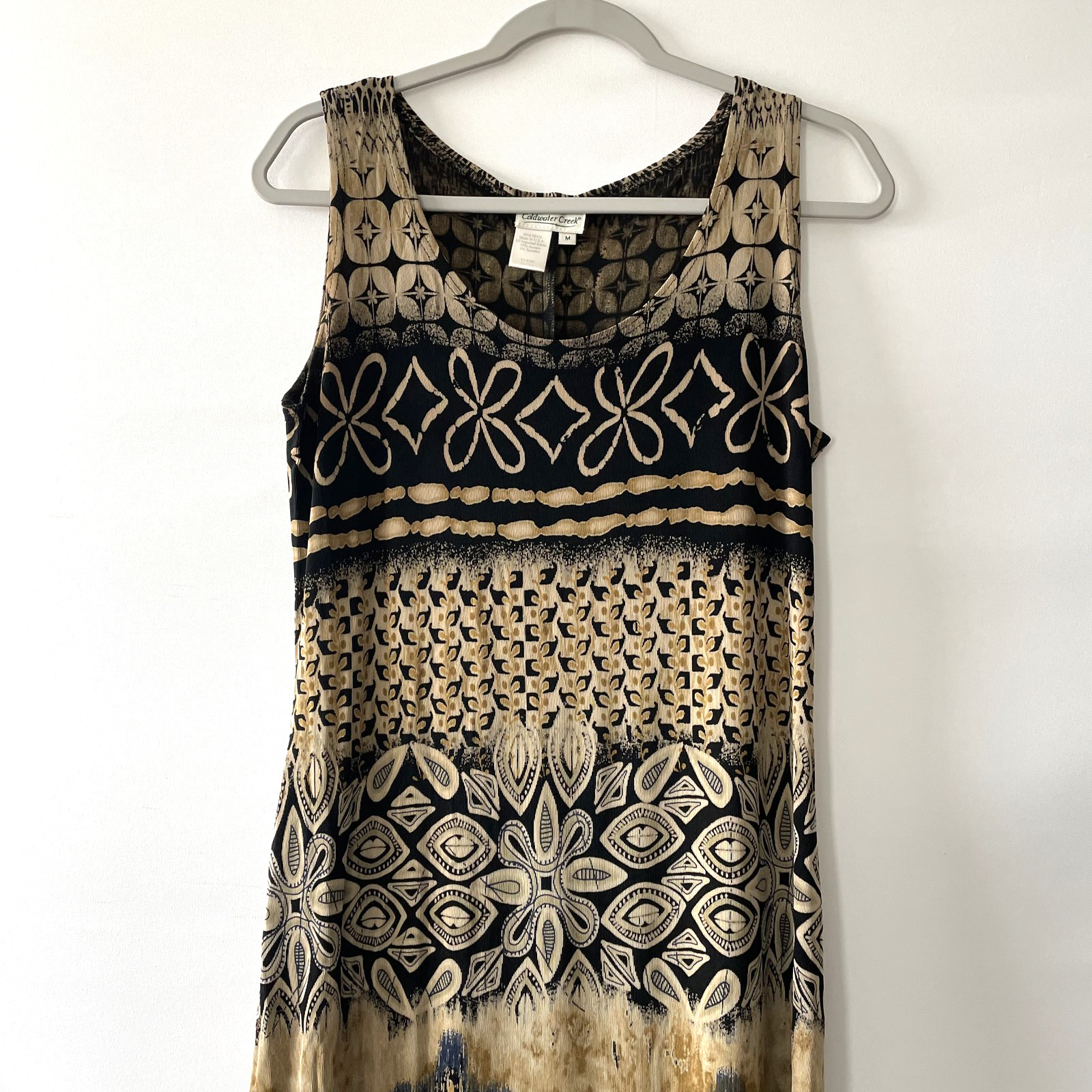 Vintage Coldwater Creek Womens Sleeveless Maxi Tank Dress Tan Black Print M -C