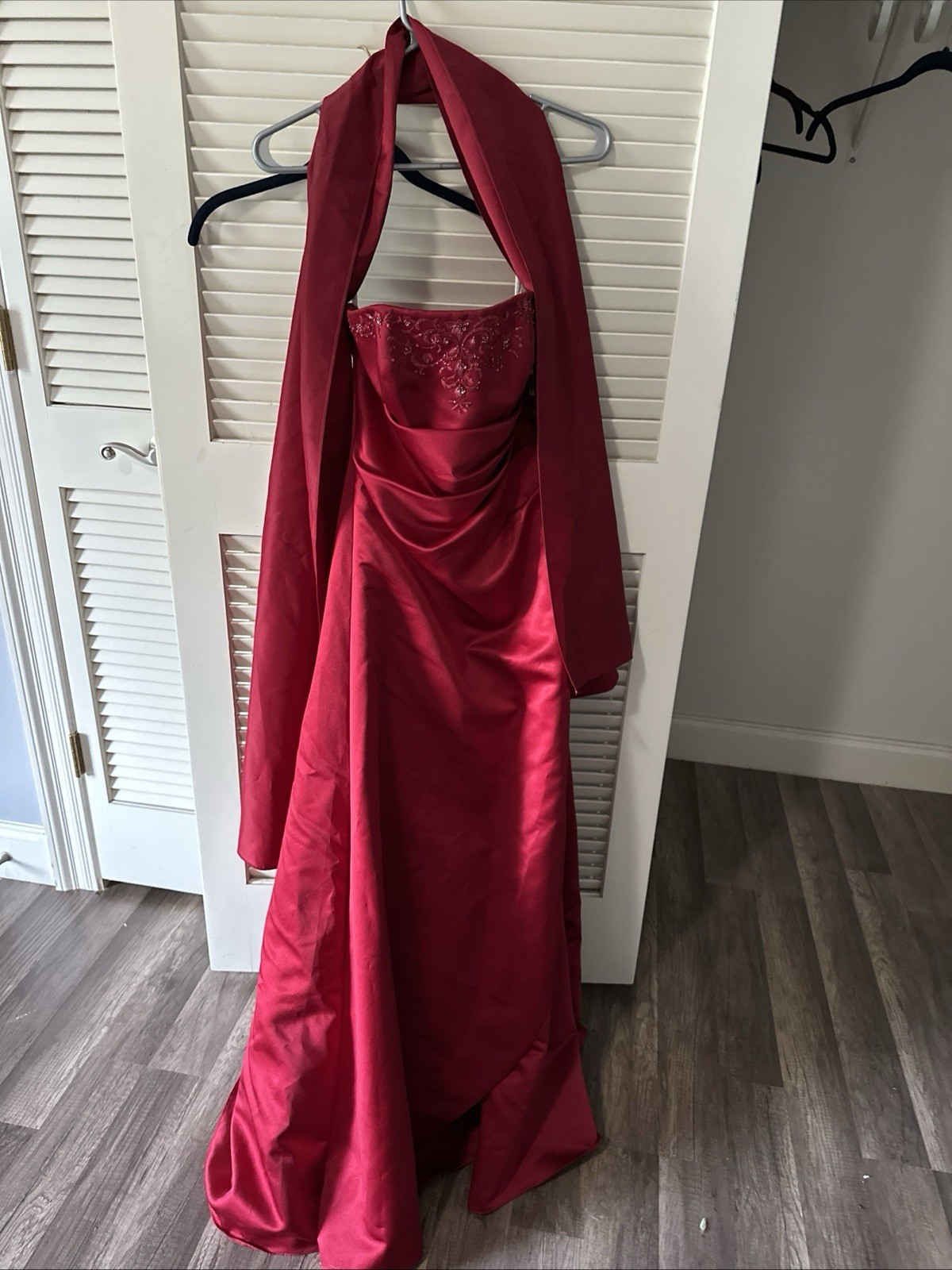David’s Bridal Red Beaded Satin Formal Gown Sz 2