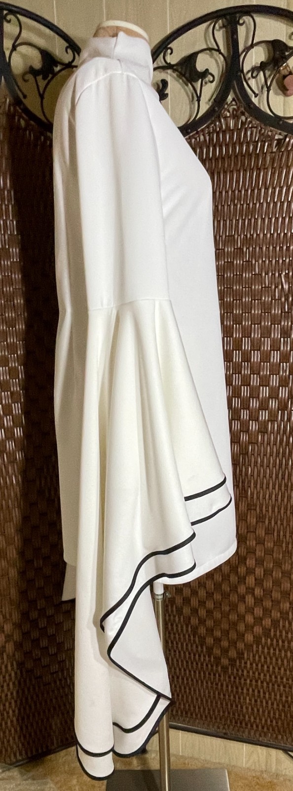 Sz Large Flared LONG Sleeves Goddess White Stand up Collar Mini Dress