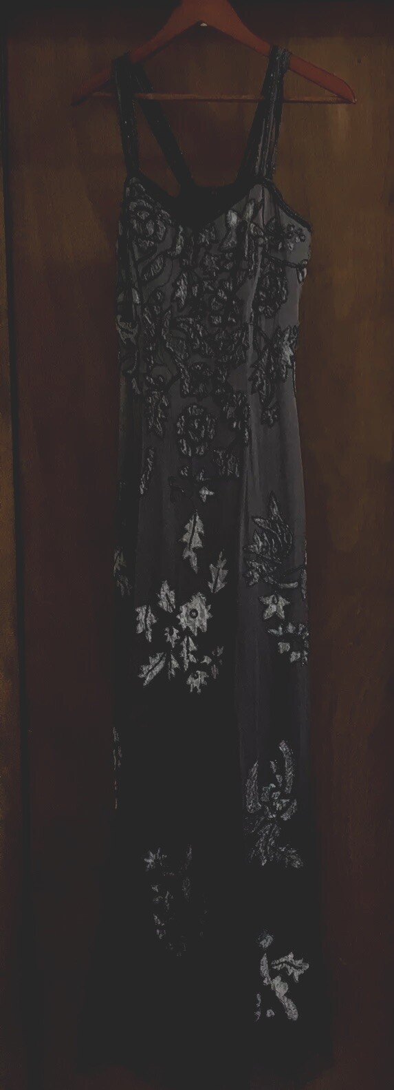 Womens Dress CACHE , Grey/brown Beaded Velvet Accents, Liner,Long , Size S. a258