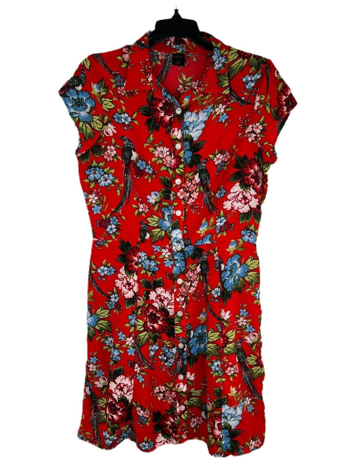 Women’s City Streets Red Tropical Button Down Dress Short Sleeve Size Medium