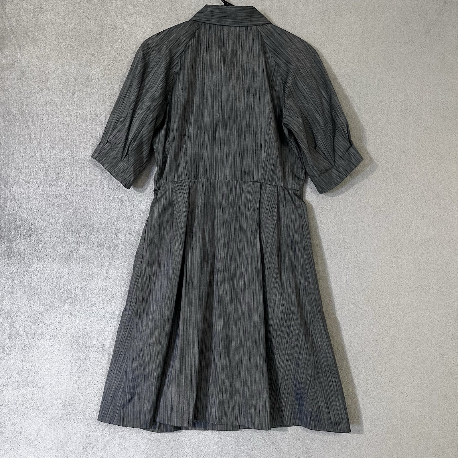 ELLEN TRACY Button Front Shirt Dress Gray Petite 8 Puff Sleeves Lined Classic