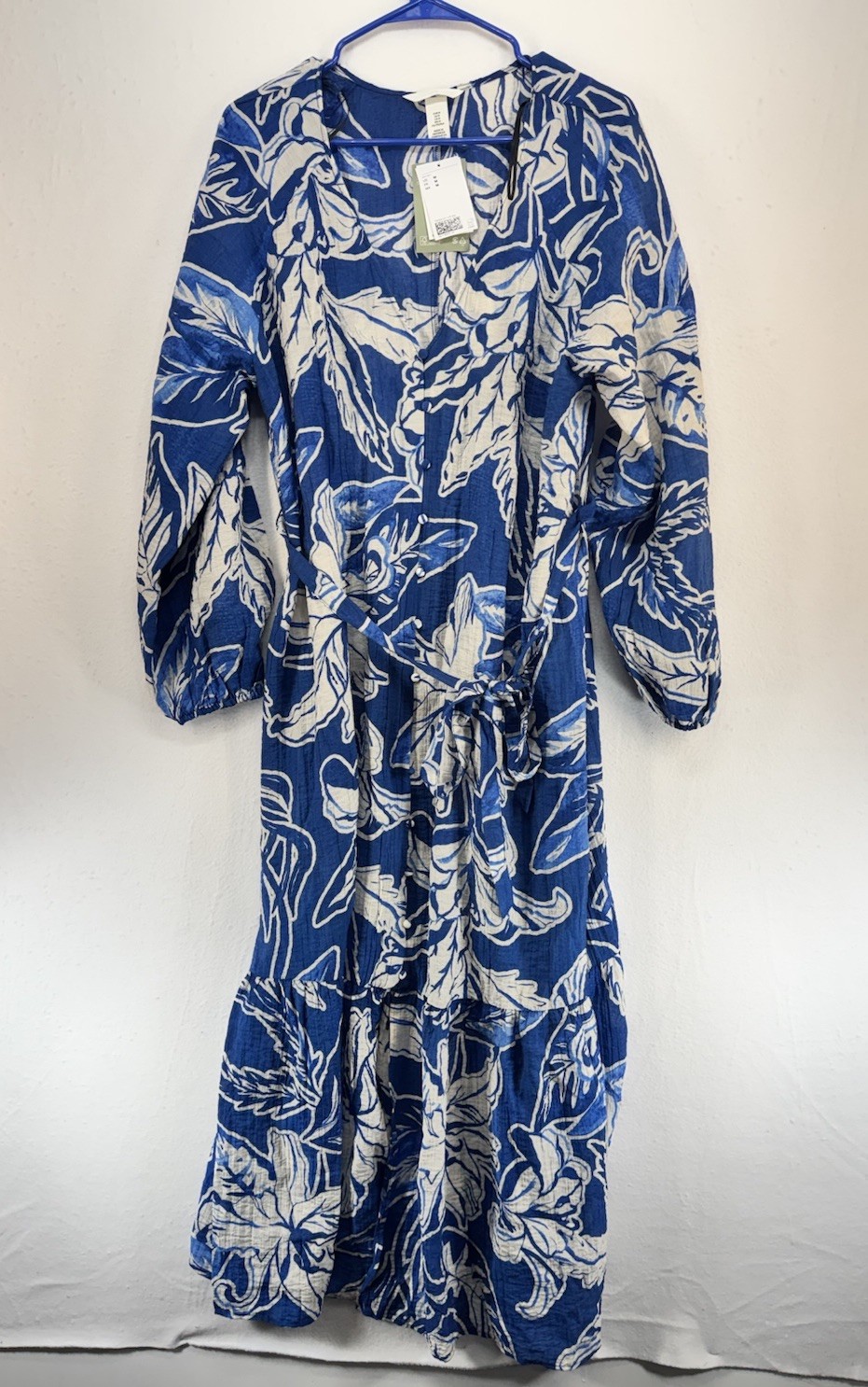 H&M Tie-Belt Button Crepe Dress Blue Patterned Women’s Size M