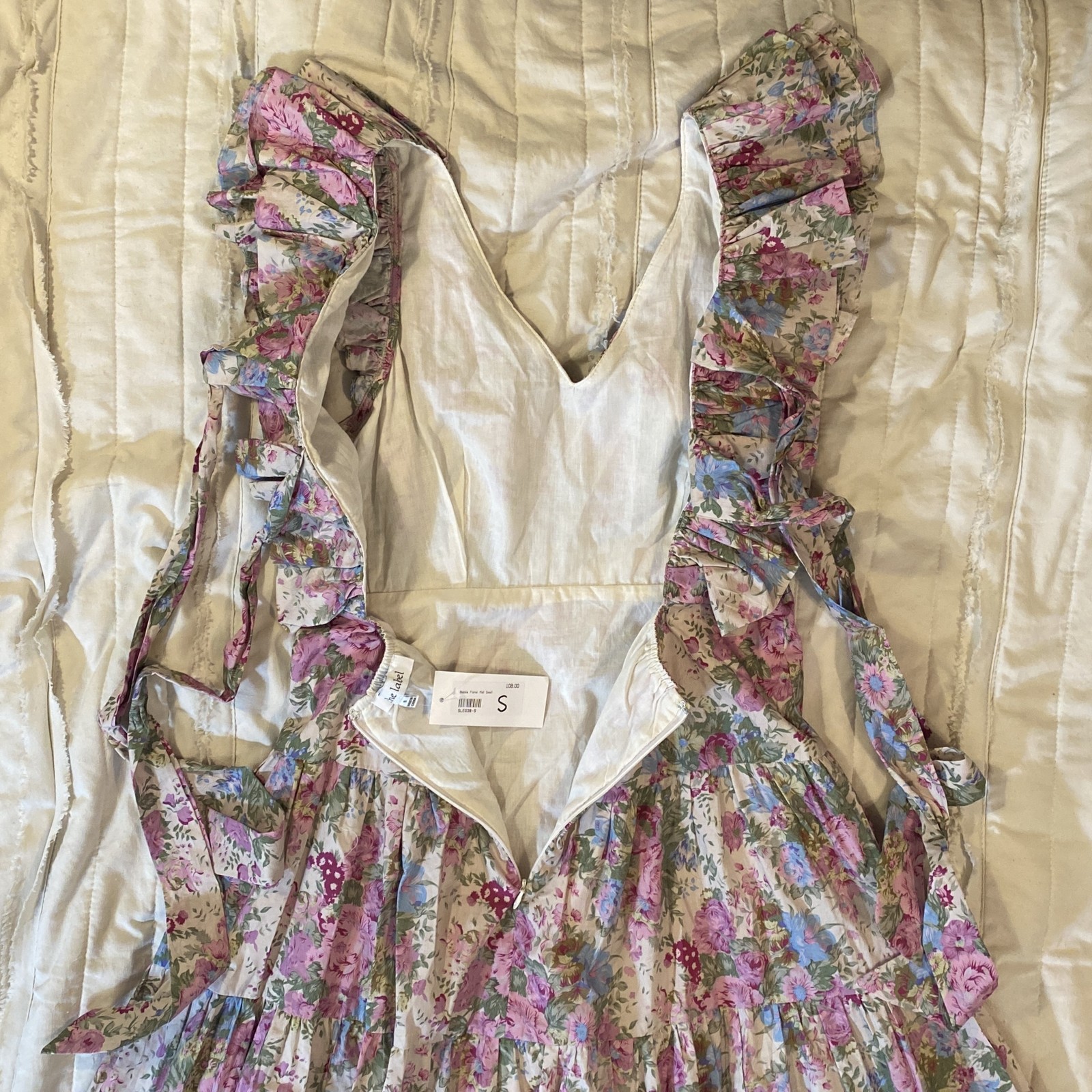 Sofie the Label Dress Womens Small Bobbie Floral Midi Ruffle Open Back Tie