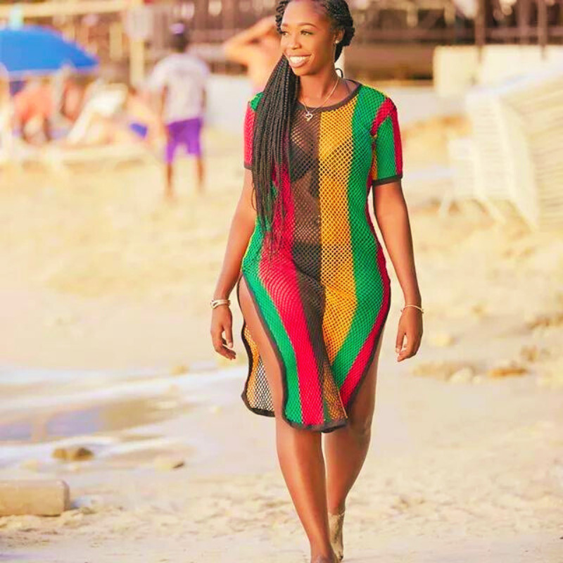 Jamaican Maxi dress, Multicoloured, Side split Fashion, work, Mesh maxi dress
