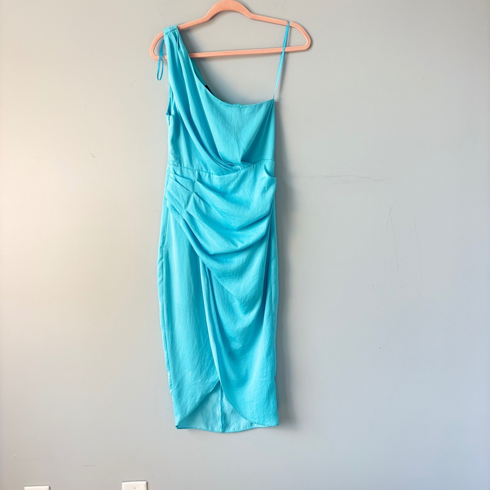 DO+BE Turquoise Blue One Shoulder Draped Ruched Tulip Midi Dress Sz Small NWT