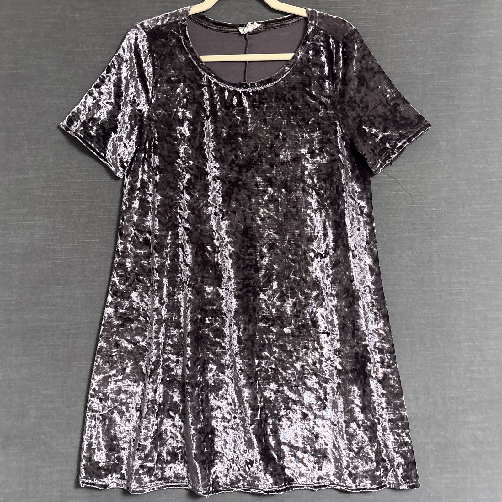 POL Dress M Gray Crushed Velvet Swing Short Sleeve Mini Party Boho Grunge