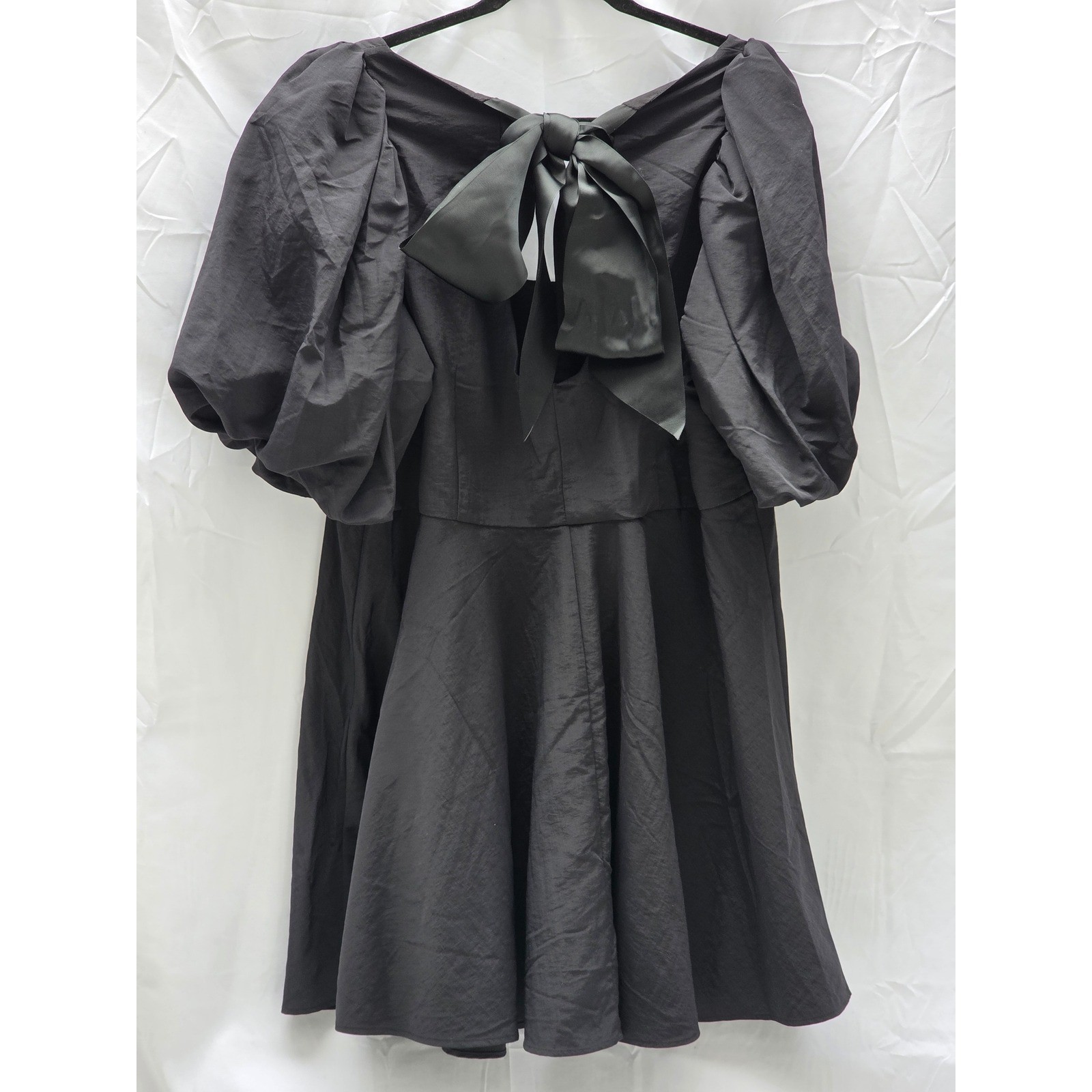 H&M Black Puff Sleeve Mini Dress Open Back Bow Tie XL 13103212 New