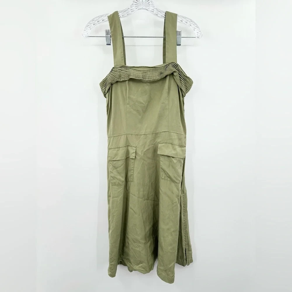 Sancia Olive Green Wide Strap Pleated Neckline A-Line Dress Size Small